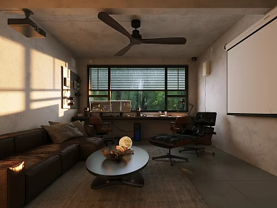 Bright Co working Space Featuring Brown Leather Sofa Office Chair Projector Screen And Ceiling Fan 3d model