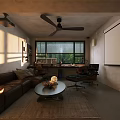 Bright Co working Space Featuring Brown Leather Sofa Office Chair Projector Screen And Ceiling Fan