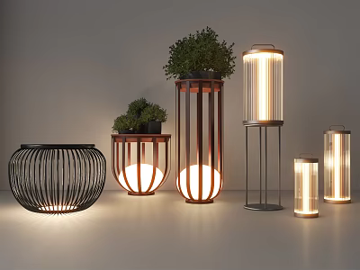 Modern Minimalist Illuminated Outdoor Lights With Various Shapes Wooden Metal Materials And Plant Decorations 3d model
