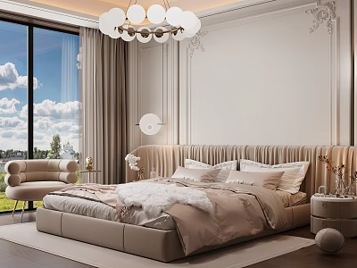 French background double bed double bed lounge chair bedside table chandelier 3d model