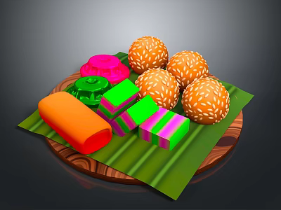 Colorful Desserts With Sesame Round Balls Square Cakes On Wooden Tray With Green Leaves 3d model