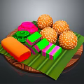 Colorful Desserts With Sesame Round Balls Square Cakes On Wooden Tray With Green Leaves
