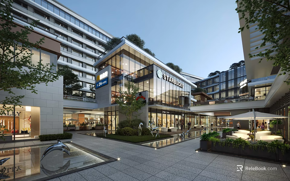 Modern Commercial Street With Glass Buildings Greenery Fountain And Shopping Stores 3d model 