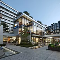 Modern Commercial Street With Glass Buildings Greenery Fountain And Shopping Stores