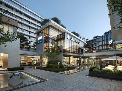 Modern Commercial Street With Glass Buildings Greenery Fountain And Shopping Stores 3d model