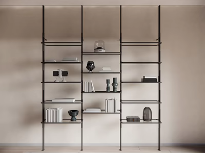 Modern Multi Tier Black Metal Storage And Display Shelf With Books Decorative Vases And Sculptures 3d model