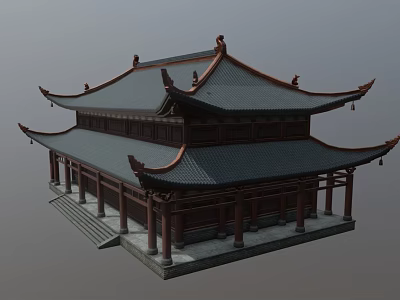Ancient Chinese Architecture Two Story With Overhanging Eaves Dark Tiled Roof Red Pillars Stone Steps 3d model