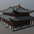 Ancient Chinese Architecture Two Story With Overhanging Eaves Dark Tiled Roof Red Pillars Stone Steps