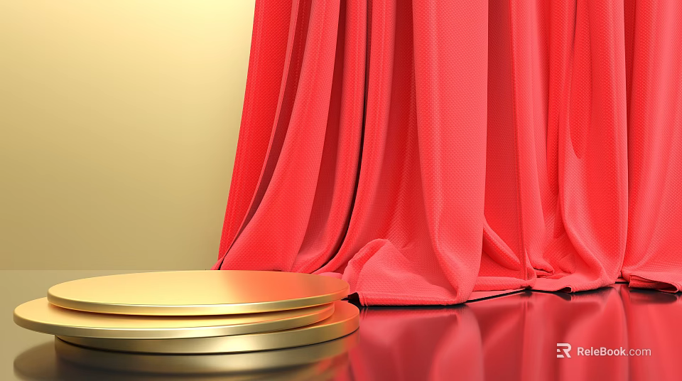 Golden Circular Display Shelf With Red Curtain Background And Reflective Surface 3d model