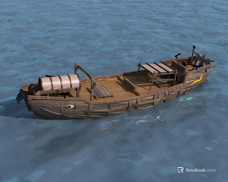 Wooden Boat Floating on Calm Water With Barrels and Wooden Deck 3d model 