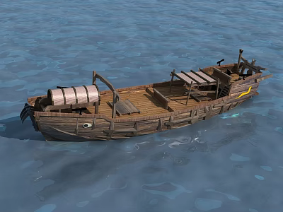 Wooden Boat Floating on Calm Water With Barrels and Wooden Deck 3d model