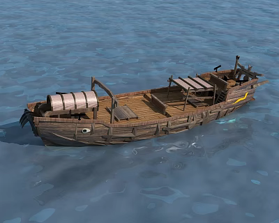Wooden Boat Floating on Calm Water With Barrels and Wooden Deck 3d model