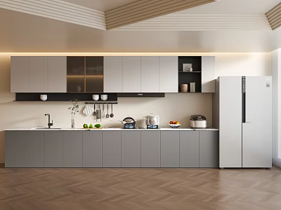 Modern Kitchen Interior Design With Grey Cabinets White Refrigerator Sink And Herringbone Floor 3d model