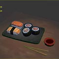 Fresh Salmon And Tuna Sushi On Black Stone Plate With Chopsticks And Red Sauce