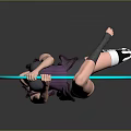 Female Character With Mechanical Leg Performing In Blue Hula Hoop On Gray Background