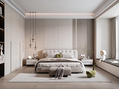 Modern Bedroom Interior With Comfortable Bed Nightstands Pendant Lights And Green Plants 3d model