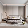 Modern Bedroom Interior With Comfortable Bed Nightstands Pendant Lights And Green Plants