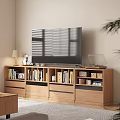 Wooden TV Cabinet With Drawers Compartments And Decorative Items Like Photo Frames Books