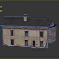 Two Story House With Yellow Exterior Gray Roof Chimney And Stone Wall Section