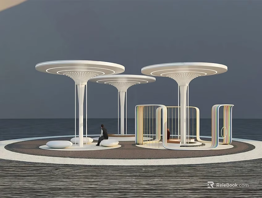 Modern Outdoor Seating Space With White Circular Canopies Supporting Pillars And Seats Near Water 3d model 