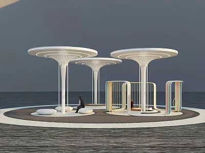 Modern Outdoor Seating Space With White Circular Canopies Supporting Pillars And Seats Near Water 3d model