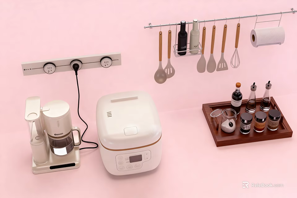 Kitchen Tools Featuring Rice Cooker Coffee Maker Hanging Utensils Spice Bottles Wooden Tray Pink Background 3d model 
