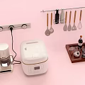 Kitchen Tools Featuring Rice Cooker Coffee Maker Hanging Utensils Spice Bottles Wooden Tray Pink Background