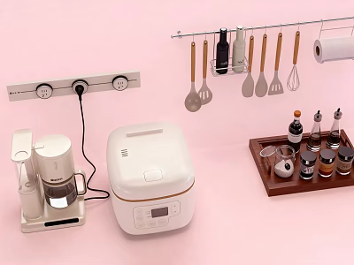 Kitchen Tools Featuring Rice Cooker Coffee Maker Hanging Utensils Spice Bottles Wooden Tray Pink Background 3d model