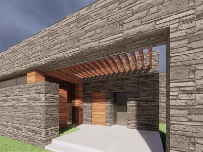 Modern Stone Building Exterior With Wooden Lattice Entryway Steps And Grass Lawn 3d model