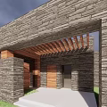 Modern Stone Building Exterior With Wooden Lattice Entryway Steps And Grass Lawn