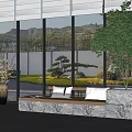Modern Garden Landscape View Through Large Glass Windows With Trees Greenery Stone And Indoor Marble Bench