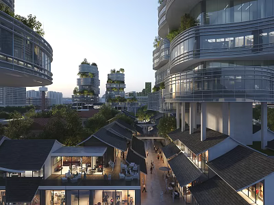 Vibrant Commercial Street With Traditional Roofs Modern Buildings Greenery And Pedestrians In Open Area 3d model