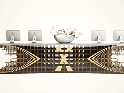 Modern Reception Desk With Gold Grid Structure And Computer Monitors Decorated By White Vase And Branches 3d model