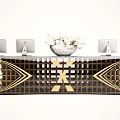 Modern Reception Desk With Gold Grid Structure And Computer Monitors Decorated By White Vase And Branches
