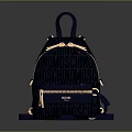 Navy Blue MCM Logo Print Backpack With Gold Accents And Leather Straps