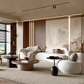 Modern Living Room Interior With Large Windows Wooden Wall Beige Sofa And Round Coffee Table
