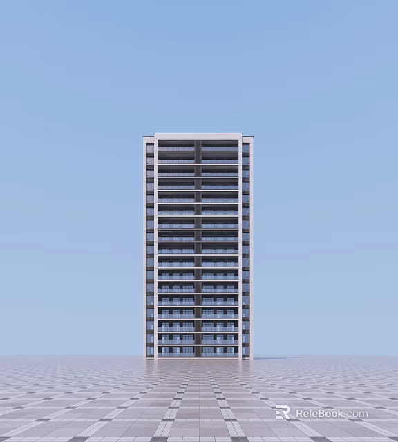 Modern High Rise Residential Building Exterior With Balconies And Blue Sky 3d model 