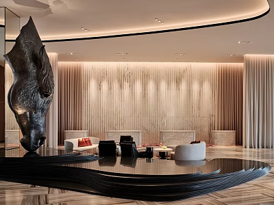 Luxury Modern Hotel Lobby With Black Sculpture Wooden Walls Red White Sofas And Curved Ceiling 3d model