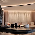 Luxury Modern Hotel Lobby With Black Sculpture Wooden Walls Red White Sofas And Curved Ceiling