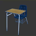 Wooden Top Student Desk With Blue Chair And Metal Frame Book Basket