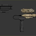 Tactical Gear Components With Black Scope Golden Device And Brown Accessory