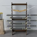 Wooden Weapon Rack With Bow Four Swords And Arrow Holder Containing Arrows