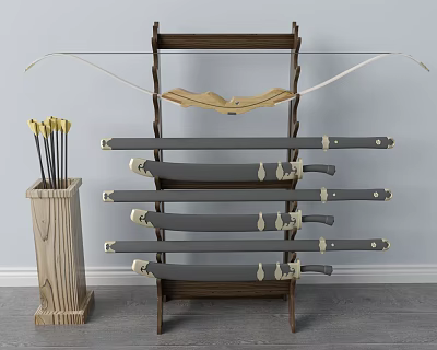 Wooden Weapon Rack With Bow Four Swords And Arrow Holder Containing Arrows 3d model