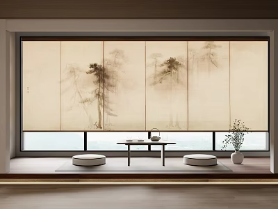 Japanese Style Washi Paper Curtains With Pine Tree Pattern In Traditional Room With Low Table And Cushions 3d model