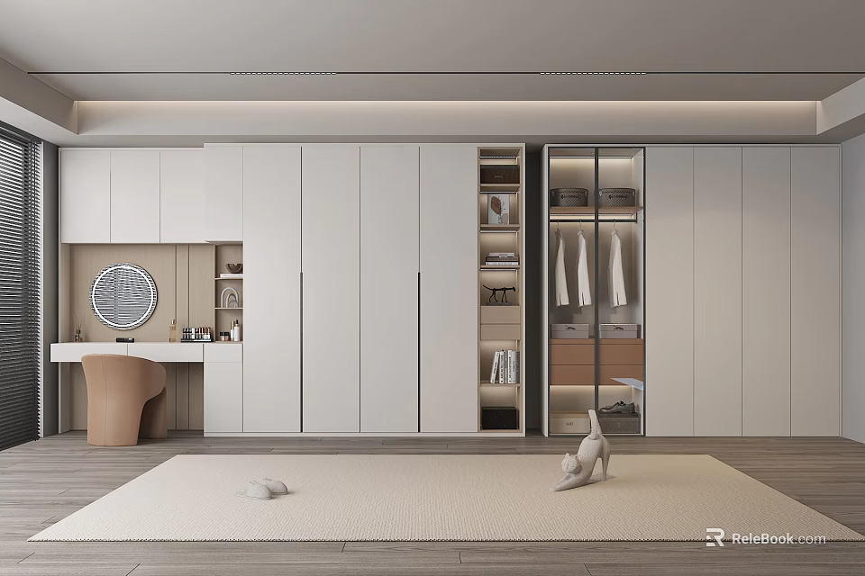 Modern White Wardrobe Interior Design With Open Closed Storage Dressing Table And Rug 3d model