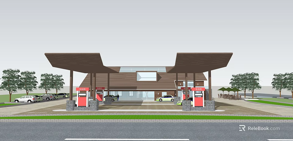 Gas Station Exterior Featuring Fuel Pumps Canopy Building And Parked Cars With Trees 3d model 