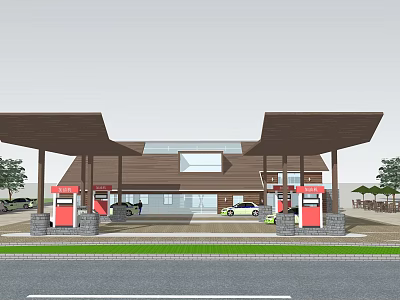 Gas Station Exterior Featuring Fuel Pumps Canopy Building And Parked Cars With Trees 3d model