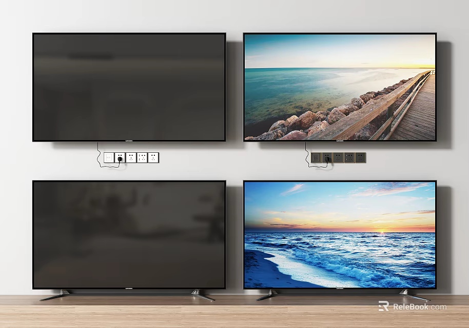 Multiple TV Screens On And Off Displaying Seaside View And Beach Sunrise 3d model 