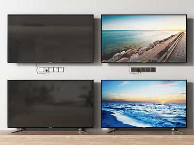 Multiple TV Screens On And Off Displaying Seaside View And Beach Sunrise 3d model