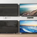 Multiple TV Screens On And Off Displaying Seaside View And Beach Sunrise